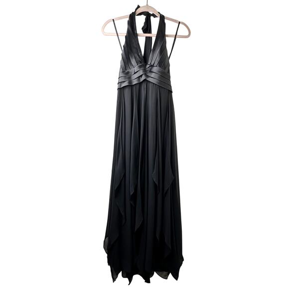Sz 4 Y2K BCBGMaxAzria Black Silk Halter Babydoll Maxi Dress Fairy Grunge Goth - Picture 1 of 9